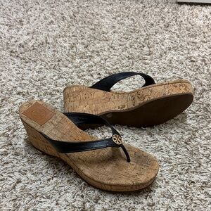Tory Burch Black Leather Cork Wedge Thong Sandals